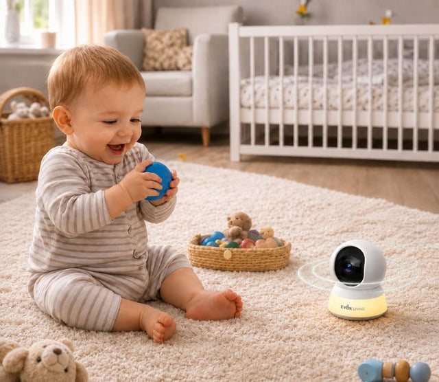 Wireless indoor baby monitor camera by EvokLiving showing a baby crib with clear video feed and adjustable camera lens.