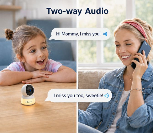 Wireless indoor baby monitor camera by EvokLiving showing a clear view of a baby's nursery with camera mounted on the wall.