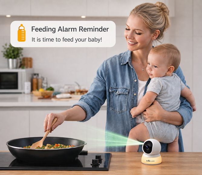 Wireless indoor baby monitor camera by EvokLiving showing a baby sleeping peacefully in a crib.
