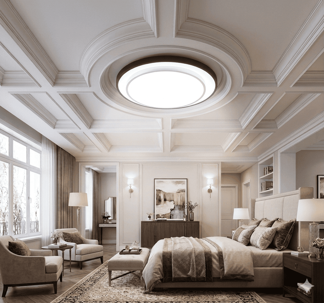 Pair of EvokLiving smart ceiling lights installed on a ceiling, featuring modern design and adjustable LED lighting.