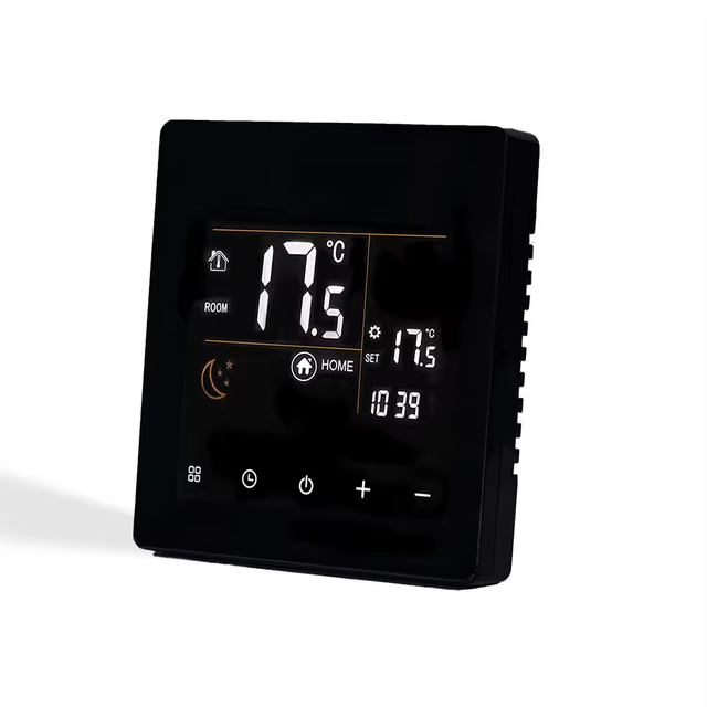 EvokLiving Smart Thermostat Hub showing digital display with temperature controls and Wi-Fi connectivity.