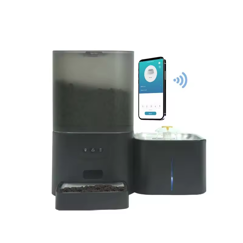 EvokLiving Smart Pet Feeder with digital display, showing food dispensing tray and control panel for automatic pet feeding.
