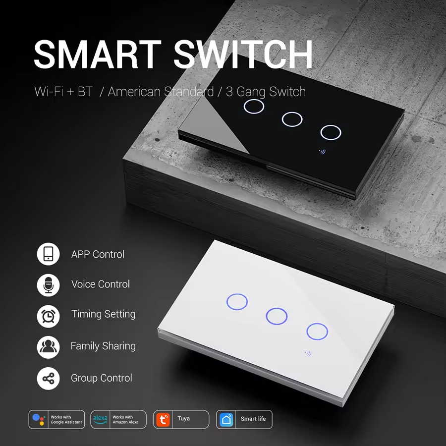 EvokLiving Tuya Smart WiFi light switch with touch panel, 1-4 way remote control, white durable PC finish for Alexa compatibility