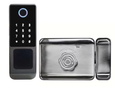 EvokLiving Smart Door Lock T200 with fingerprint scanner and PIN keypad, installed on a modern front door for secure access