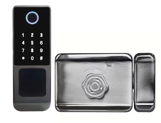 EvokLiving Smart Door Lock T200 with fingerprint scanner and PIN keypad, installed on a modern front door for secure access