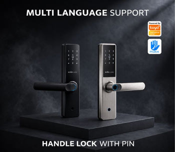 EvokLiving Smart Door Lock T250 with keypad and fingerprint scanner mounted on a modern door.