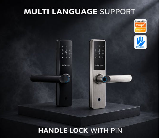 EvokLiving Smart Door Lock T250 with keypad and fingerprint scanner mounted on a modern door.