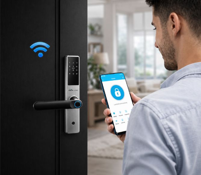 EvokLiving Smart Door Lock T250 with PIN and fingerprint access, showcasing the sleek lock mechanism and digital keypad.