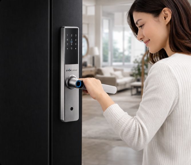 EvokLiving Smart Door Lock T250 with PIN and fingerprint access, showing sleek black lock with keypad and fingerprint scanner