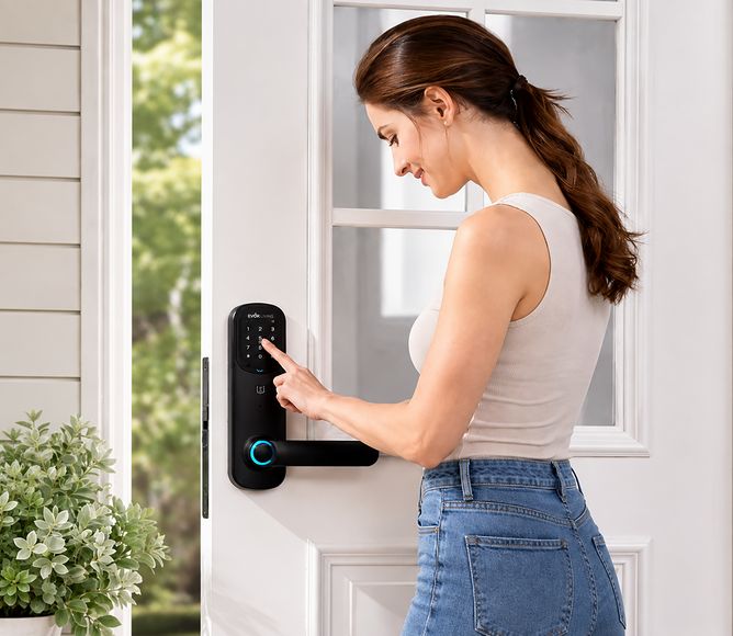 EvokLiving Smart Door Lock T250 with keypad and fingerprint scanner mounted on a modern door.