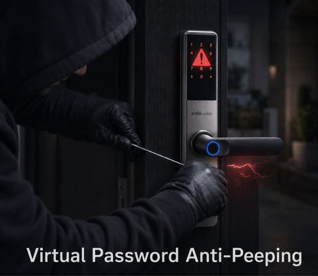 EvokLiving Smart Door Lock T250 with keypad and fingerprint scanner mounted on a door, showcasing modern electronic security.