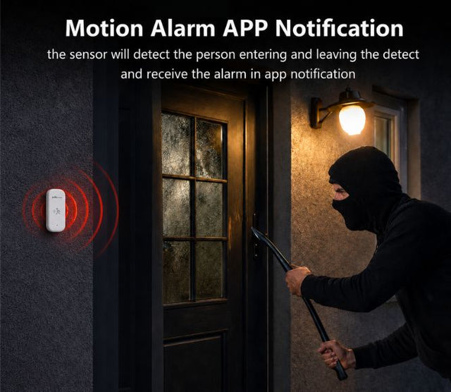 EvokLiving smart motion sensor showing compact design and sensor lens for home security and automation detection.