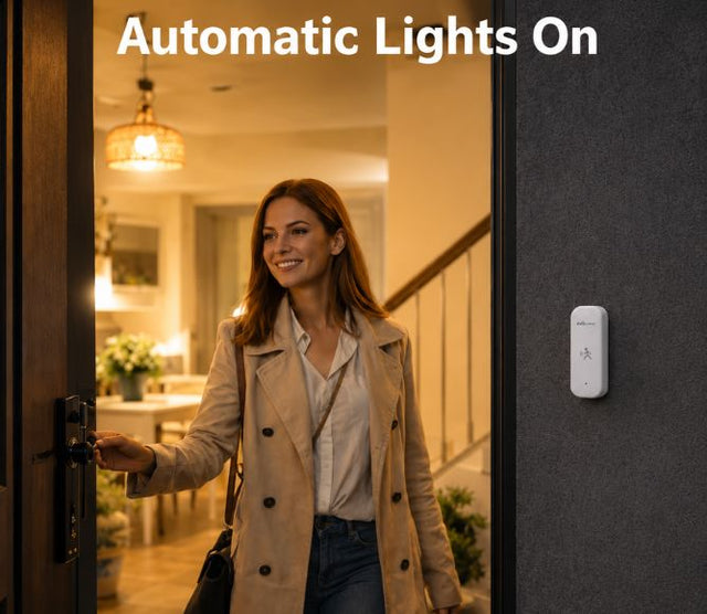 EvokLiving smart motion sensor with sleek design, showing the sensor device mounted on a wall for home security detection