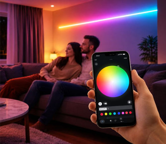 EvokLiving smart LED strip light with color-changing LEDs, mounted on a wall, showcasing vibrant illumination and flexible design.