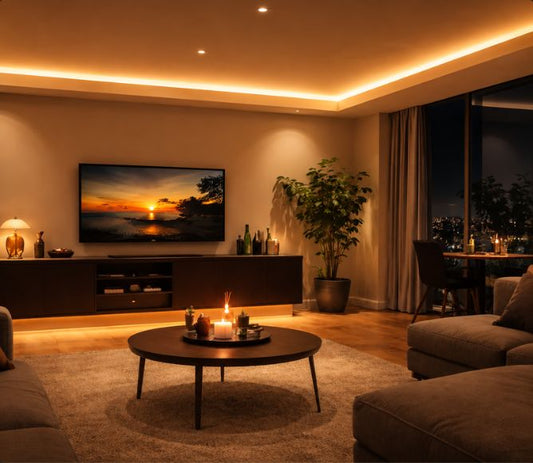 EvokLiving Smart LED Strip Light displaying colorful, adjustable lighting along a wall in a modern living room setting.