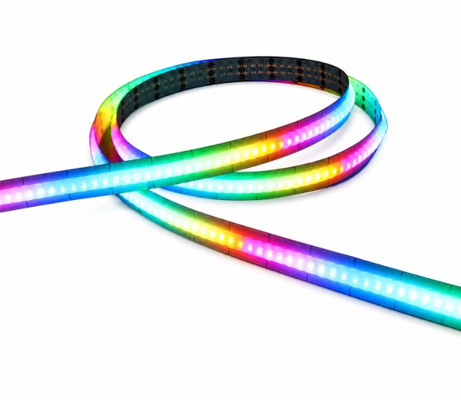 Colorful EvokLiving Smart LED Strip Light displaying customizable lighting effects on a modern room wall.