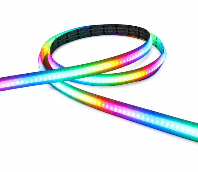 Colorful EvokLiving Smart LED Strip Light displaying customizable lighting effects on a modern room wall.